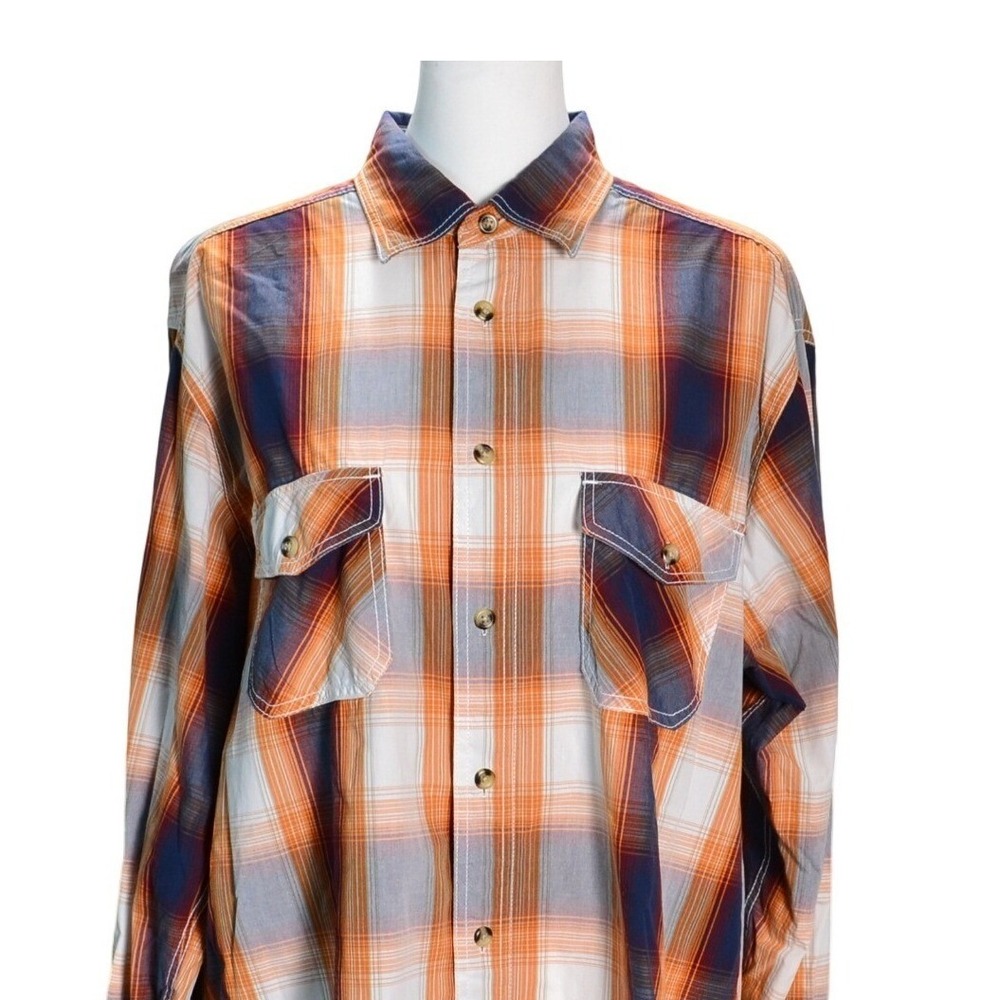 RuffHewn Plaid Button Down Mens Large Orange Blue‎ Cotton Long Sleeve Shirt